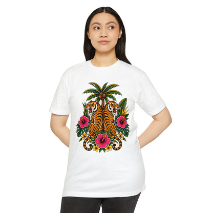 T-Shirt, Short Sleeve Boxy Crew Neck - Tiger Tiger Tropics Vintage Floral Palm