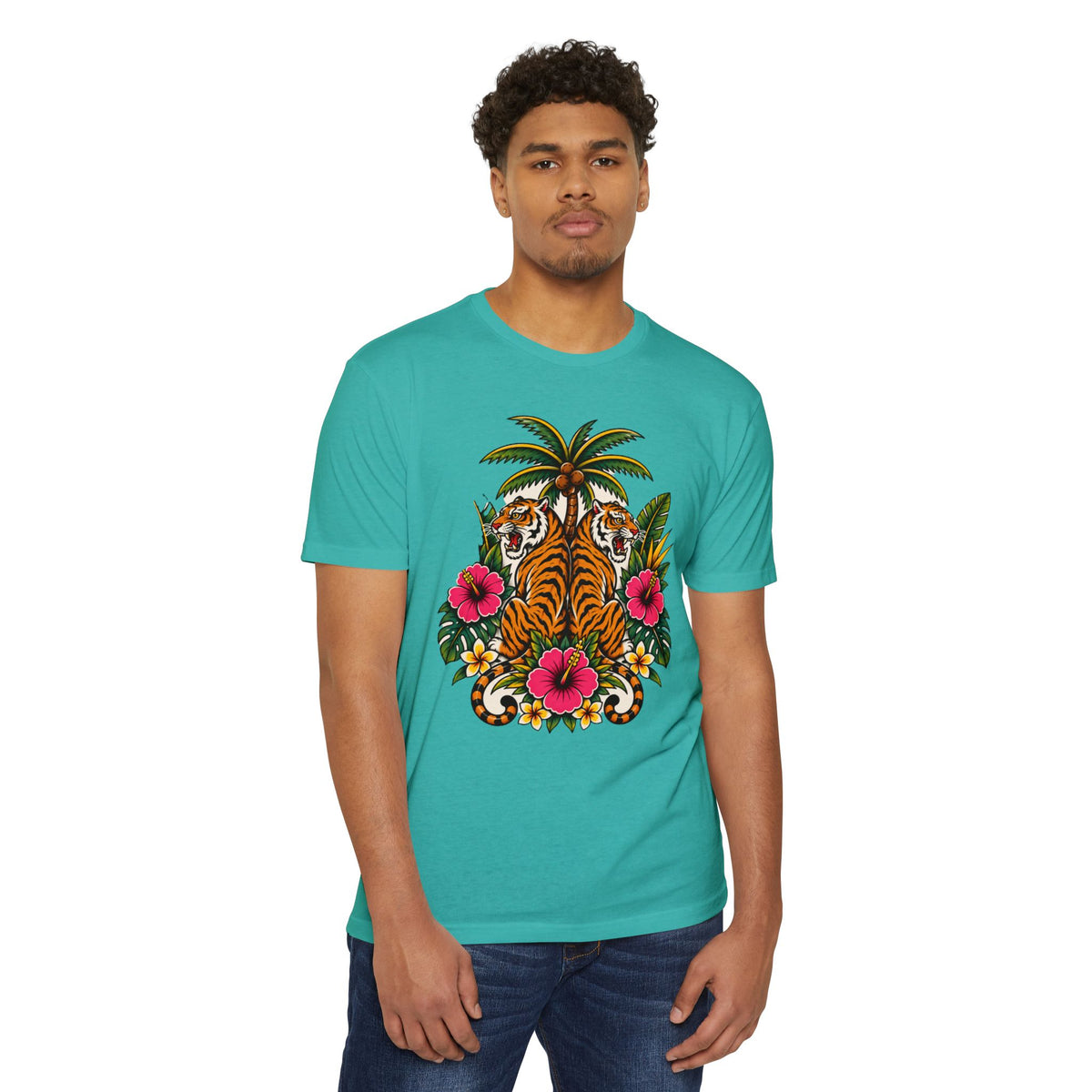 T-Shirt, Short Sleeve Boxy Crew Neck - Tiger Tiger Tropics Vintage Floral Palm