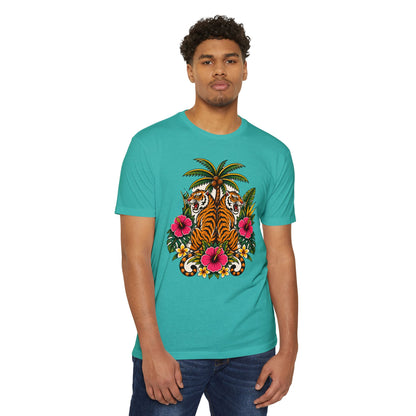 T-Shirt, Short Sleeve Boxy Crew Neck - Tiger Tiger Tropics Vintage Floral Palm