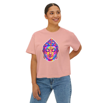 T-Shirt, Short Sleeve Boxy Crew Neck Cropped - 1980s Buddha Head