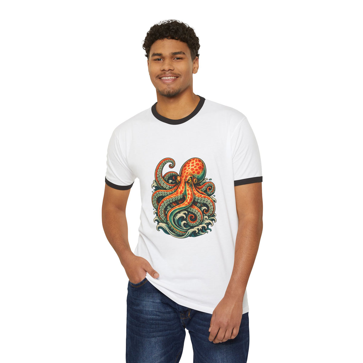 T-Shirt, Ringer - Octopus Ocean Waves