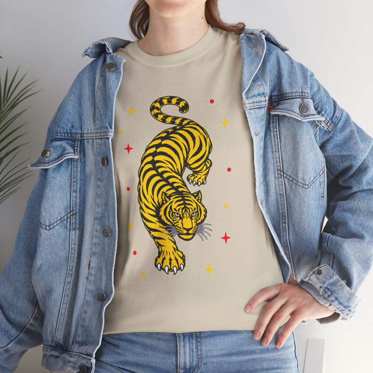 T-Shirt, Short Sleeve Boxy Crewneck - Yellow Tiger