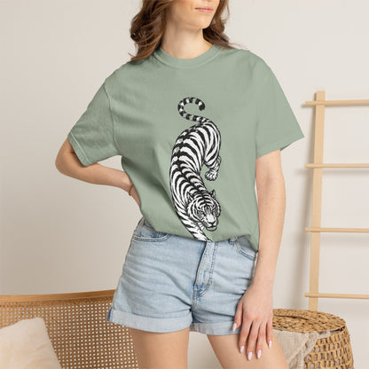 T-Shirt, Short Sleeve Boxy Crew Neck - Black & White Tiger