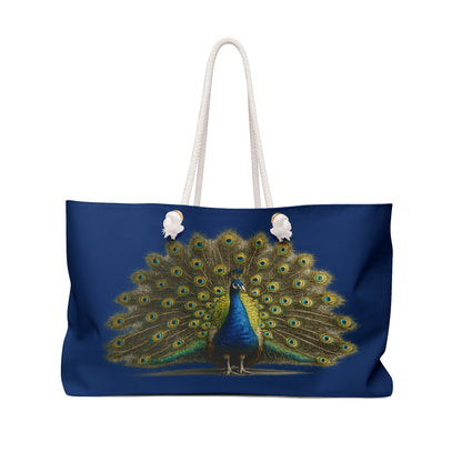 Peacock Feather Weekender Bag — Blue Travel Tote with Vibrant Peacock Design