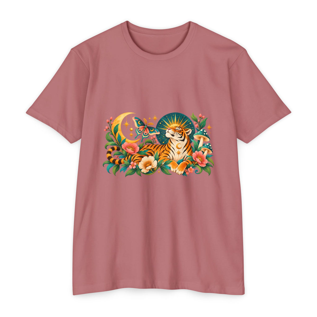 T-Shirt, Short Sleeve Boxy Crew Neck- Tiger Moon Celestial Floral