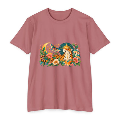 T-Shirt, Short Sleeve Boxy Crew Neck- Tiger Moon Celestial Floral