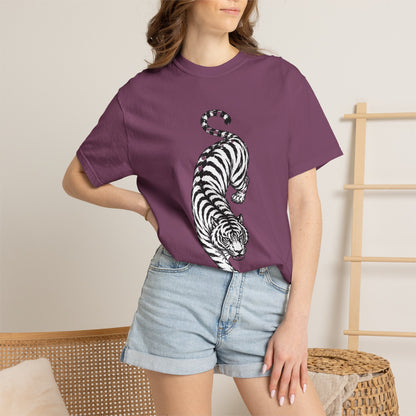 T-Shirt, Short Sleeve Boxy Crew Neck - Black & White Tiger