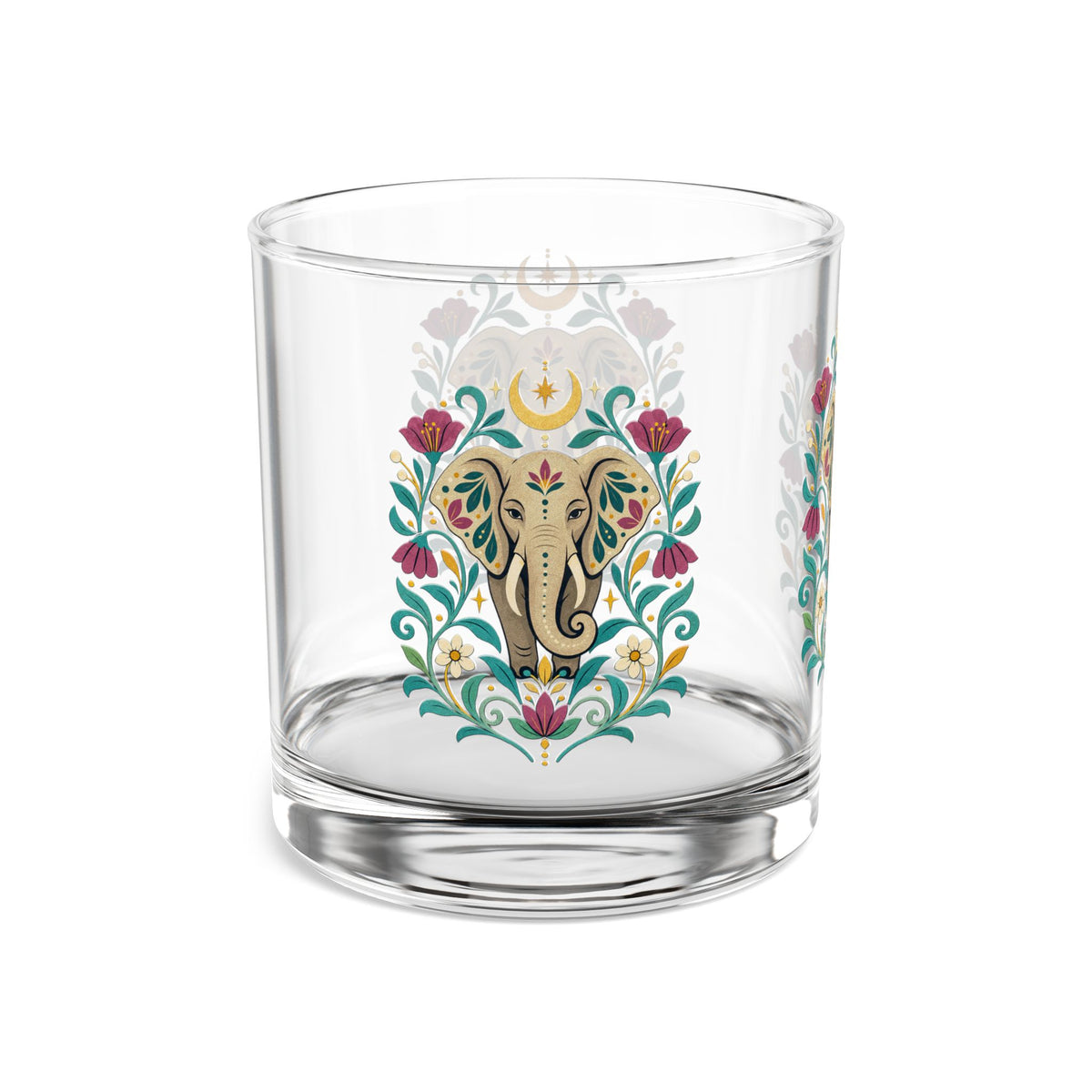 Glass, Rocks Glass Whiskey Tumbler 10oz - Boho Floral Elephant Motif