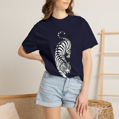 T-Shirt, Short Sleeve Boxy Crew Neck - Black & White Tiger
