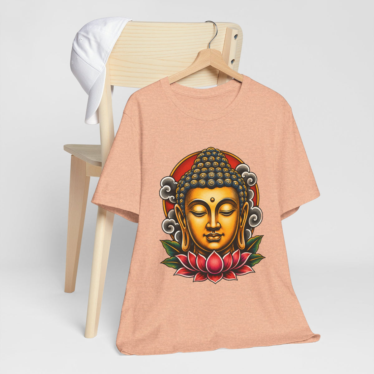 T‑Shirt, Short Sleeve Boxy Crew Neck - Golden Buddha Head with Lotus