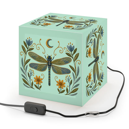 Cube Lamp, Decorative - Floral Dragonfly & Moon (light blue)
