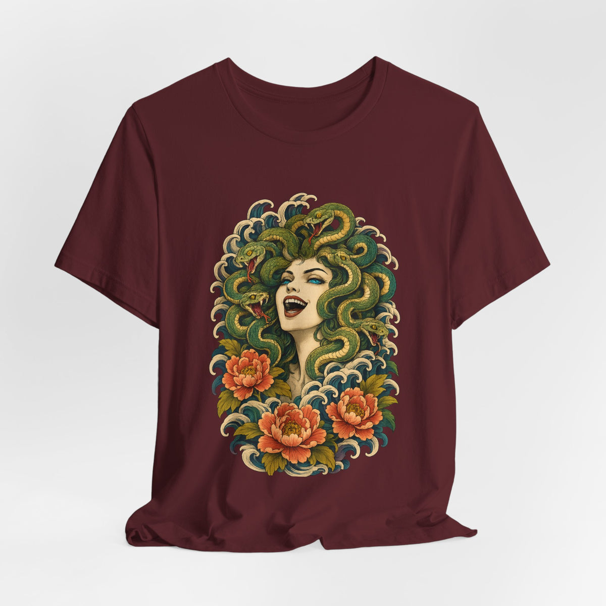 T-Shirt, Short Sleeve Wide Neck - Medusa Snake Hair Floral