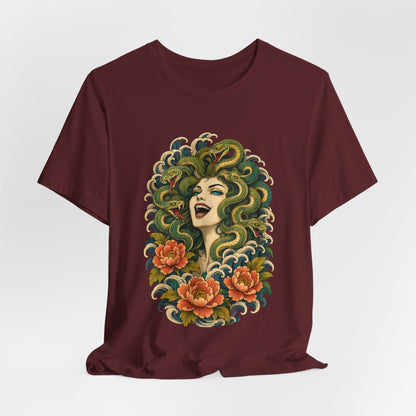 T-Shirt, Short Sleeve Wide Neck - Medusa Snake Hair Floral
