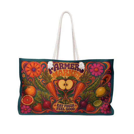 Farmer Market Weekender Bag — 'Eat Fresh Feel Good' Vintage Produce Travel Tote