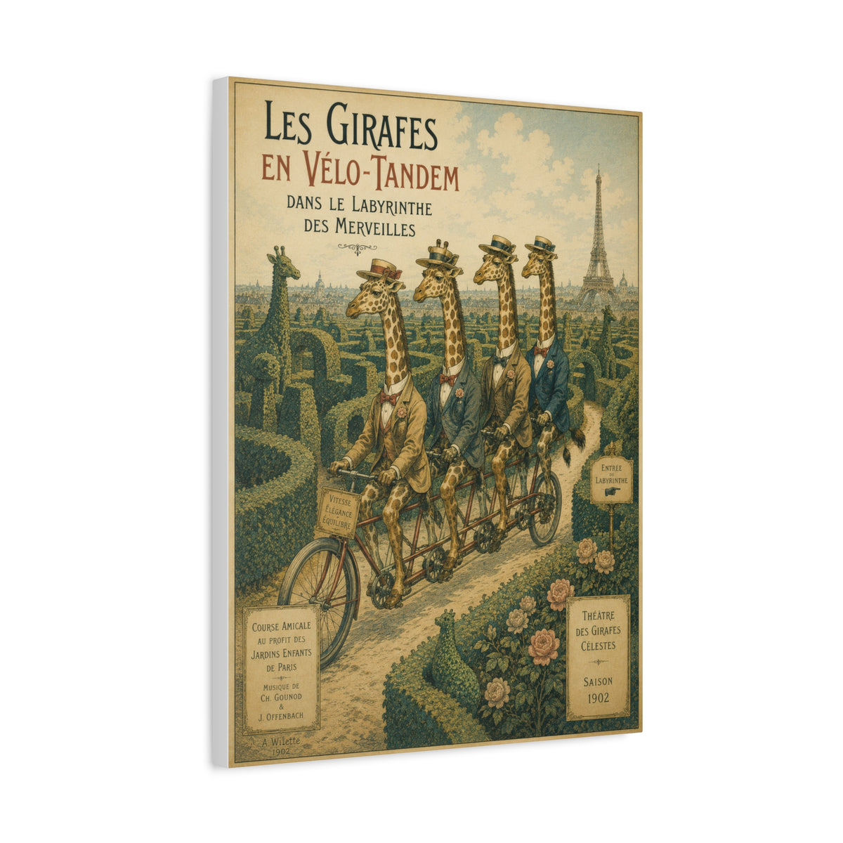 Canvass Art Print - Giraffes on Tandem Bicycles in a Maze