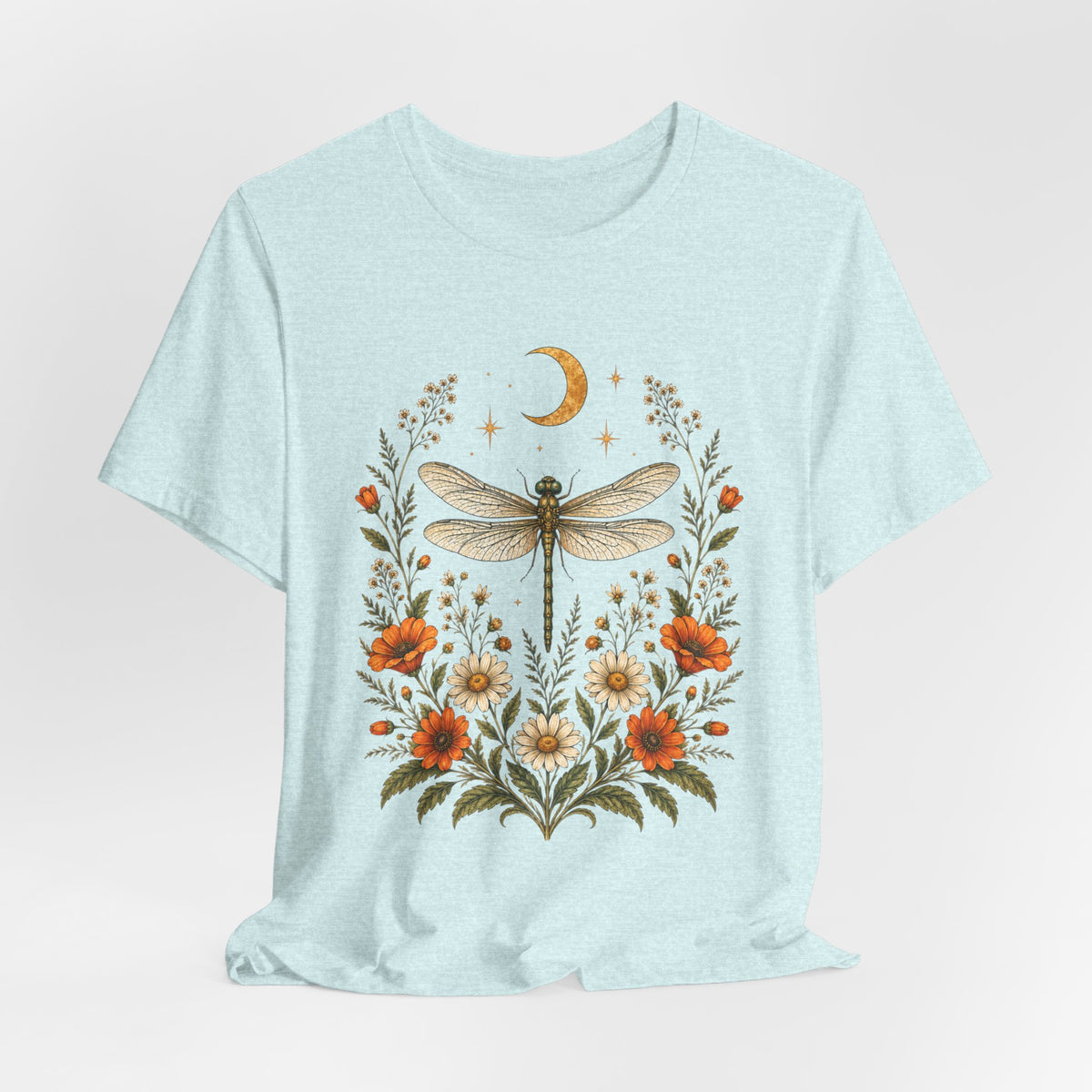 T-Shirt, Short Sleeve Boxy Crew Neck - Boho Dragonfly Moon