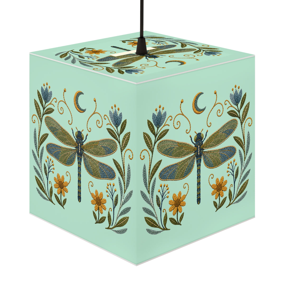 Cube Lamp, Decorative - Floral Dragonfly & Moon (light blue)