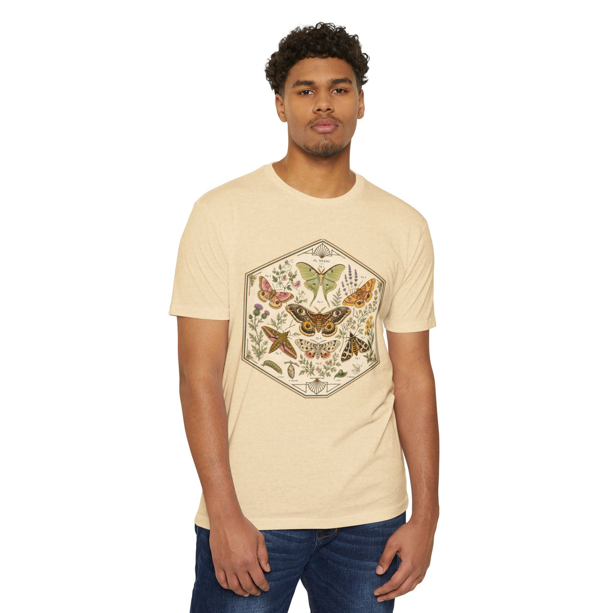 T-Shirt, Short Sleeve Boxy Crew Neck - Moth & Botanicals Hexagon Vintage Nature Illustration