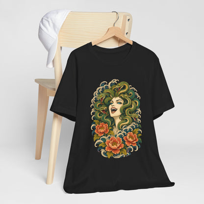 T-Shirt, Short Sleeve Wide Neck - Medusa Snake Hair Floral