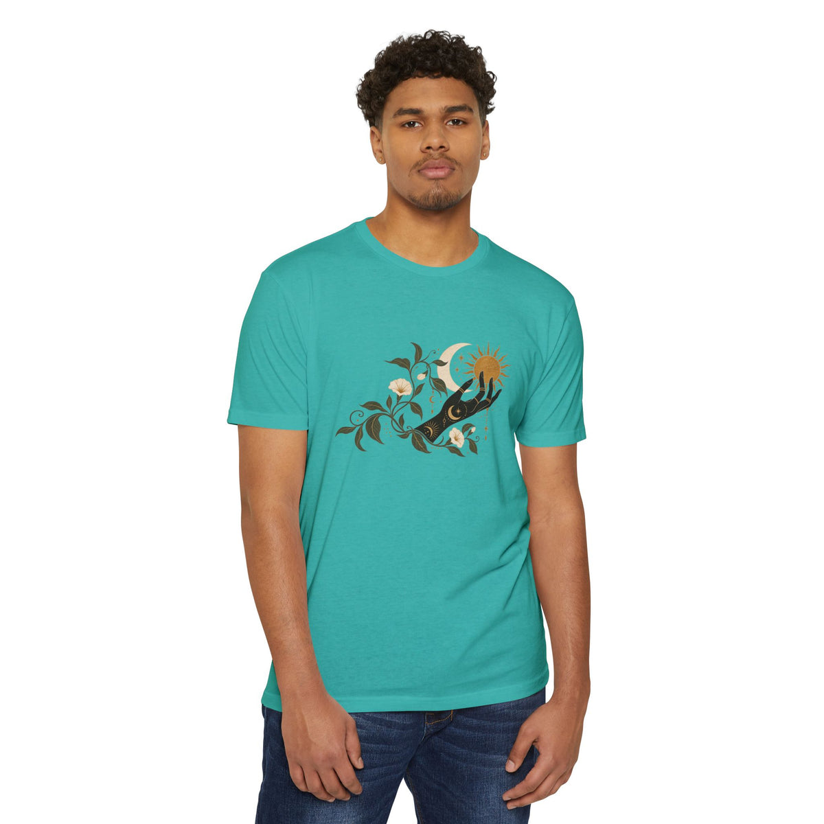 T-Shirt, Short Sleeve Boxy Crew Neck - Botanical Hand Reaching for the Sun