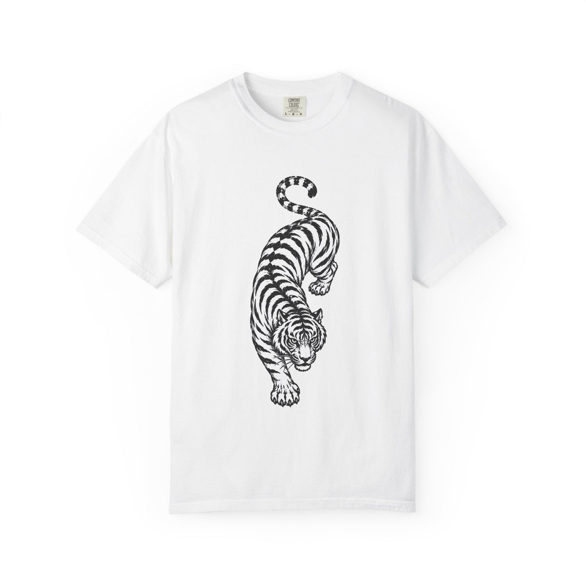 T-Shirt, Short Sleeve Boxy Crew Neck - Black & White Tiger