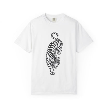 T-Shirt, Short Sleeve Boxy Crew Neck - Black & White Tiger