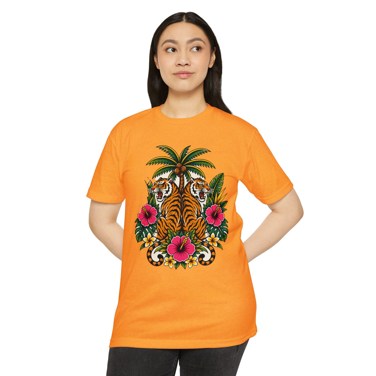 T-Shirt, Short Sleeve Boxy Crew Neck - Tiger Tiger Tropics Vintage Floral Palm