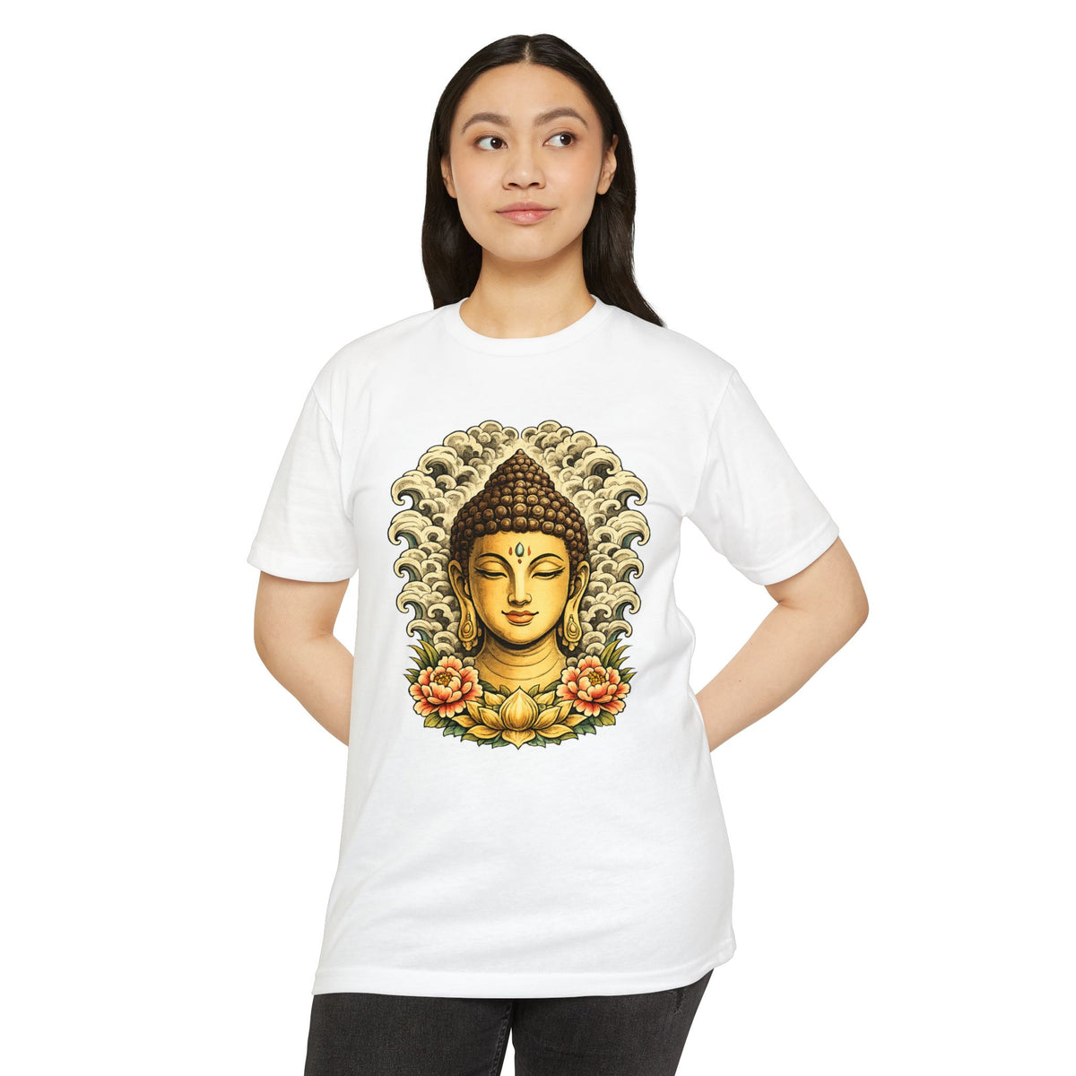 T-Shirt, Short Sleeve Boxy Crew Neck - Buddha Head Floral