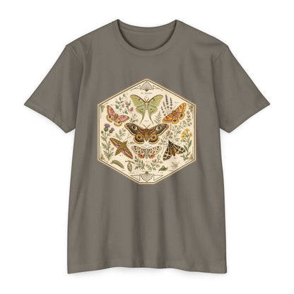 T-Shirt, Short Sleeve Boxy Crew Neck - Moth & Botanicals Hexagon Vintage Nature Illustration