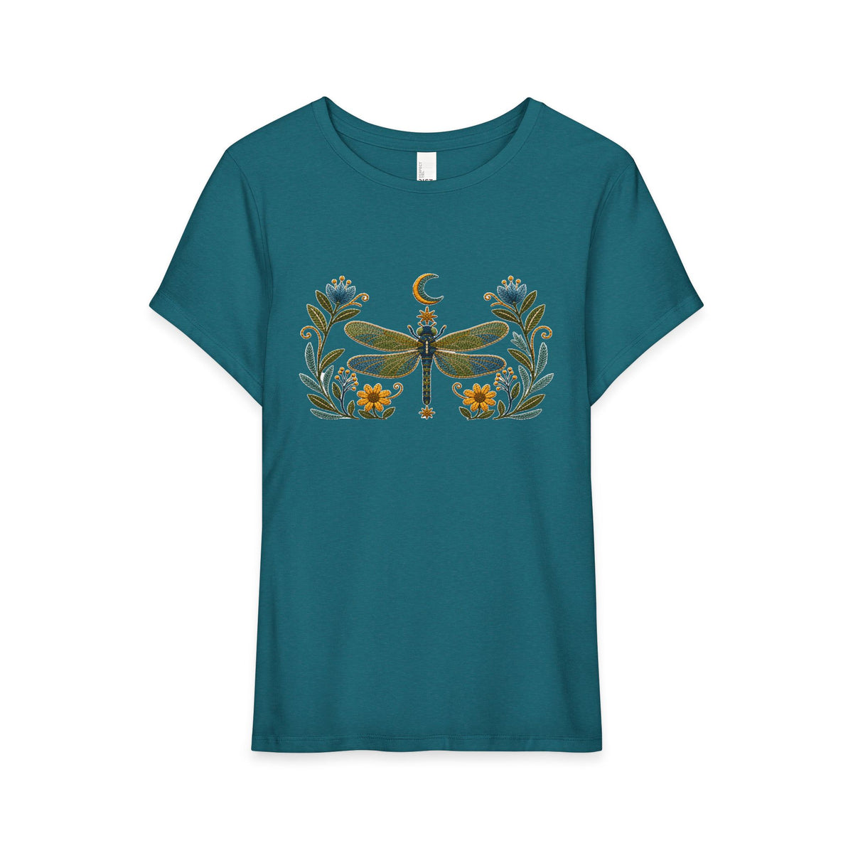T-Shirt, Short Sleeve Wide Neck Relaxed Fit - Floral Dragonfly & Moon