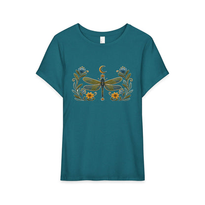 T-Shirt, Short Sleeve Wide Neck Relaxed Fit - Floral Dragonfly & Moon