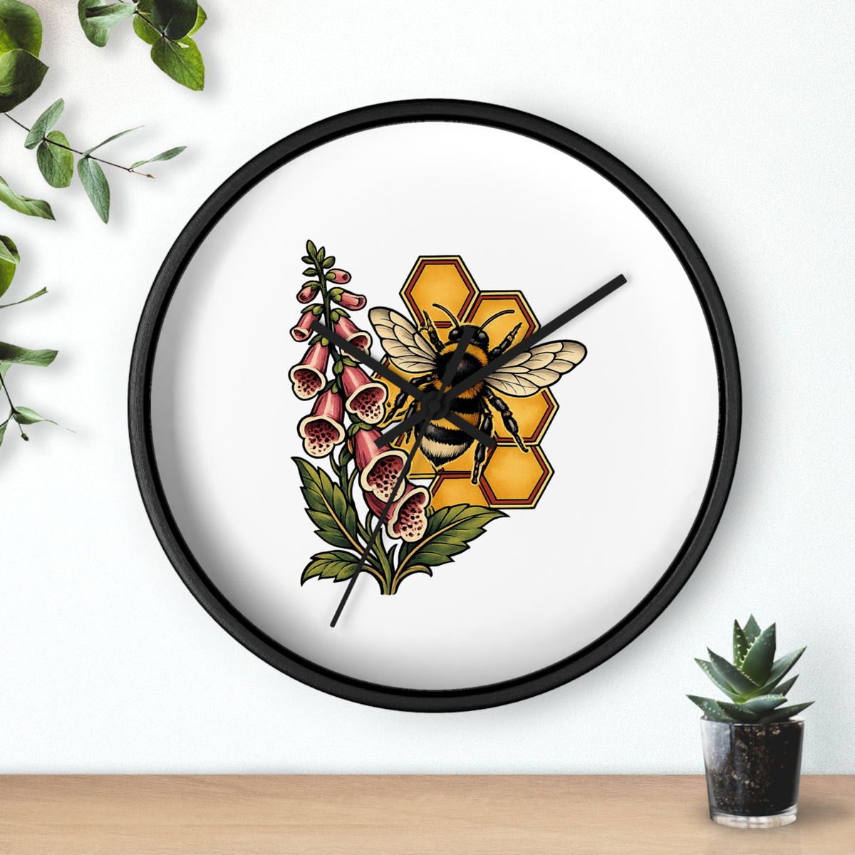Clock, Wall Acrylic - Bee, Honeycomb & Foxglove