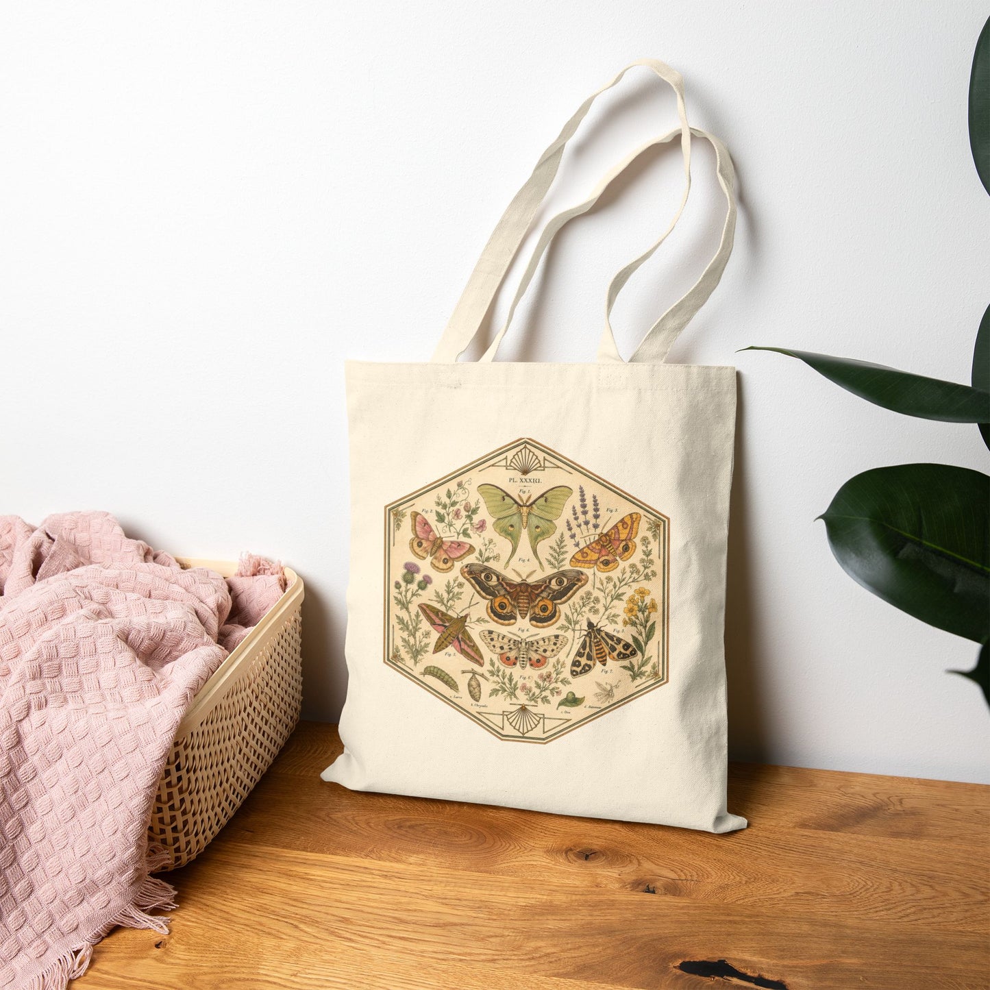 Vintage Hexagon Moths & Floral Canvas Tote Bag