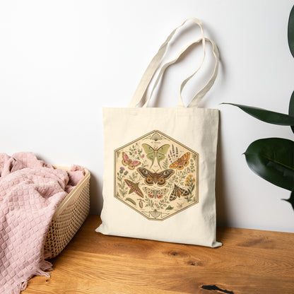 Vintage Hexagon Moths & Floral Canvas Tote Bag