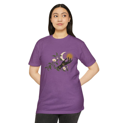 T-Shirt, Short Sleeve Boxy Crew Neck - Botanical Hand Reaching for the Sun