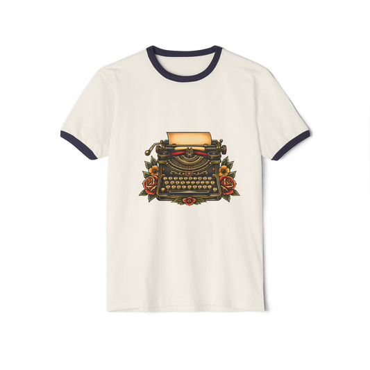 Vintage Typewriter Ringer Tee — Retro Writer Graphic Shirt