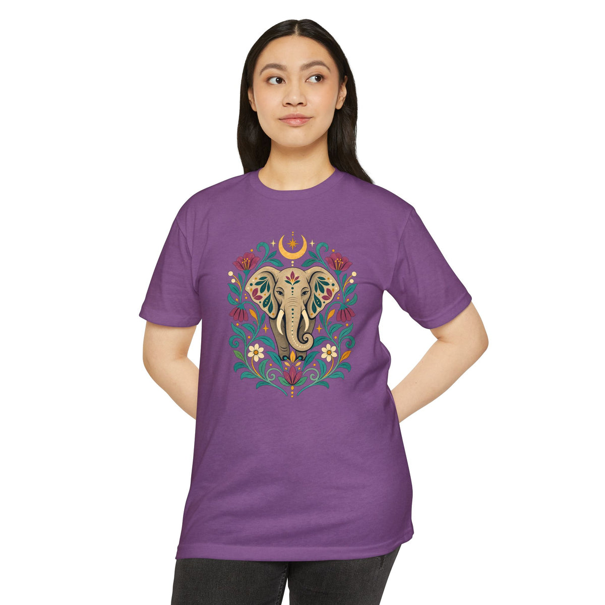 T-Shirt, Short Sleeve Boxy Crew Neck - Boho Indian-Inspired Elephant Floral