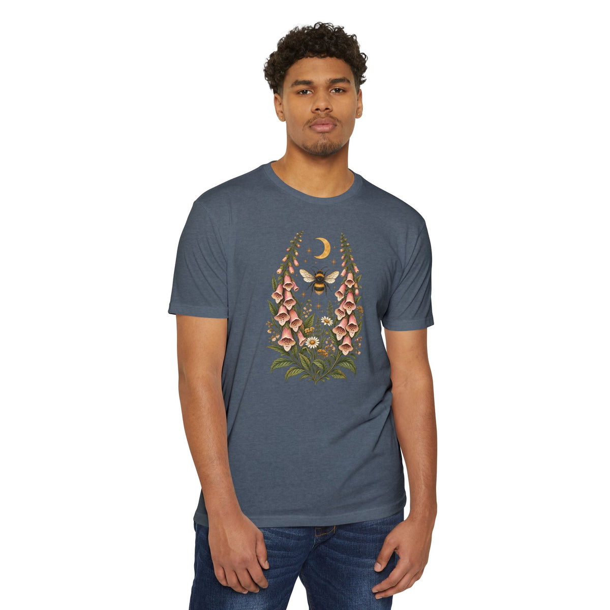 T-Shirt, Short Sleeve Boxy Crew Neck - Bee & Foxglove Vintage Floral Moon