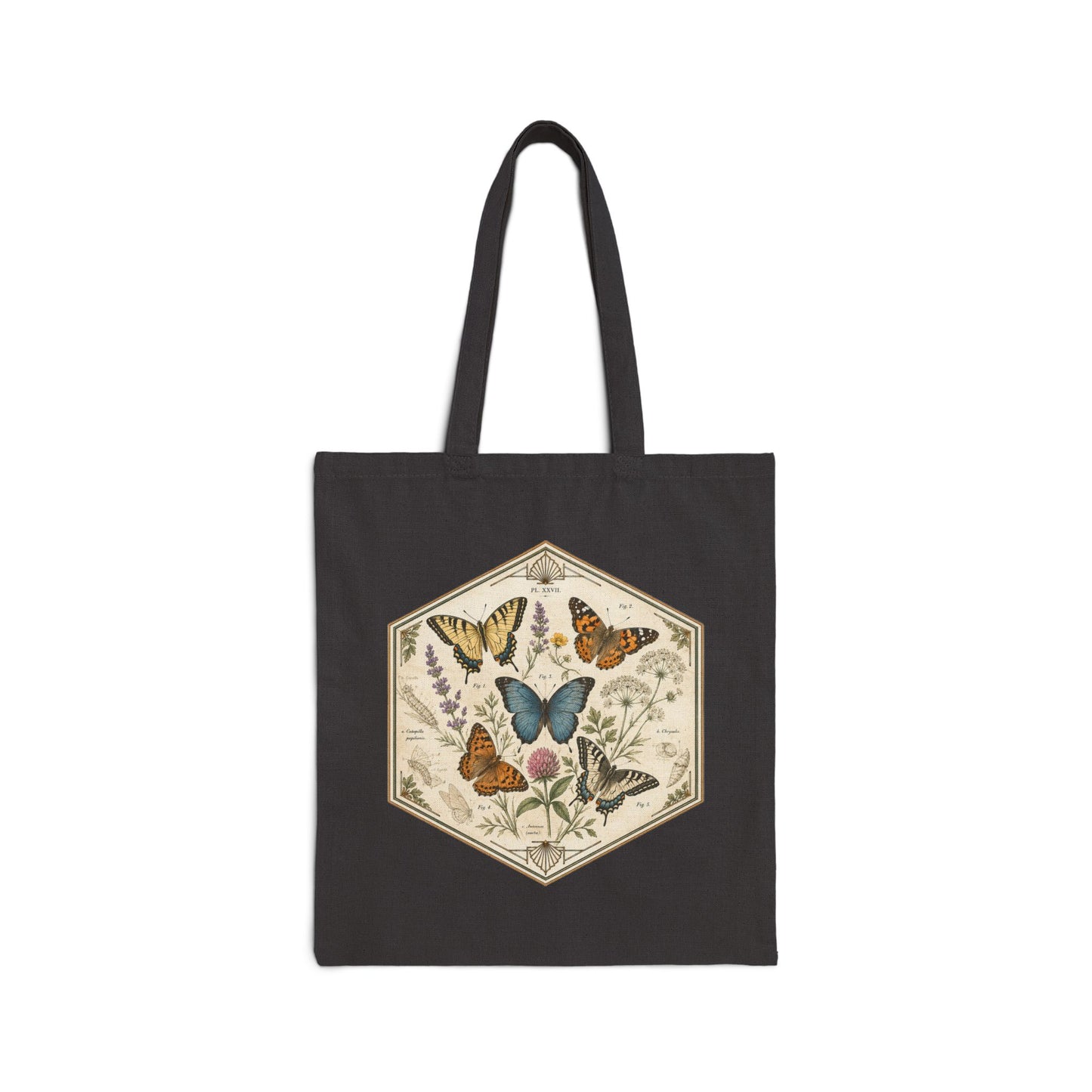 Vintage Hexagon Butterflies & Floral Canvas Tote Bag