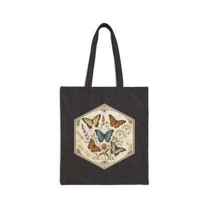 Vintage Hexagon Butterflies & Floral Canvas Tote Bag