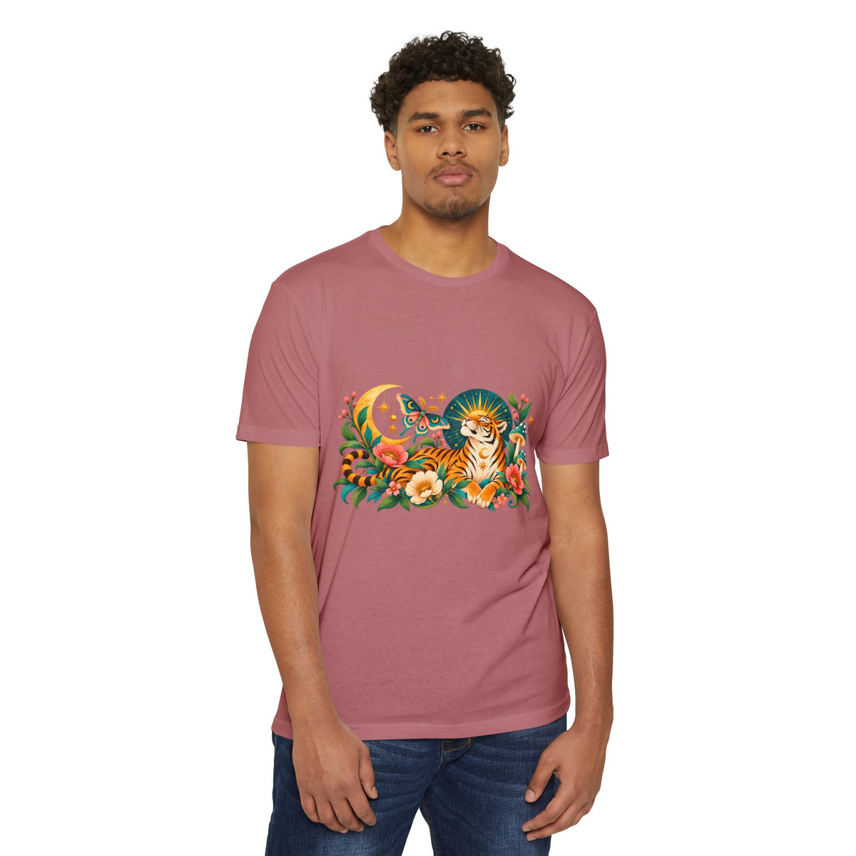 T-Shirt, Short Sleeve Boxy Crew Neck- Tiger Moon Celestial Floral