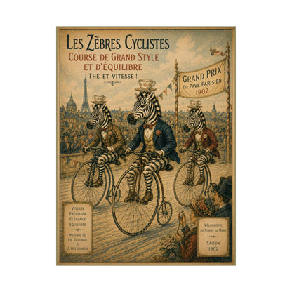 Vintage Zebra Cyclists Poster Matte Vertical Poster | Antique Bicycle Race Art