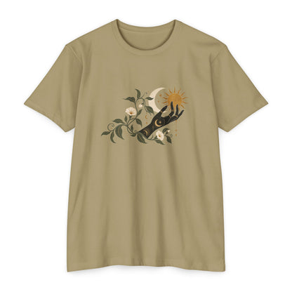 T-Shirt, Short Sleeve Boxy Crew Neck - Botanical Hand Reaching for the Sun