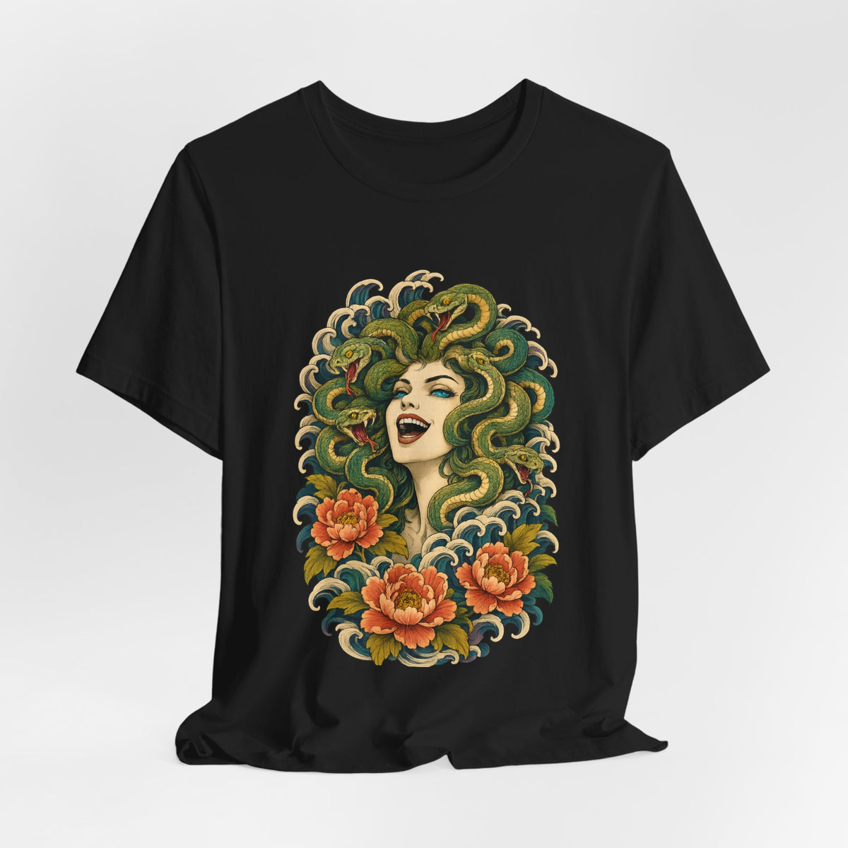 T-Shirt, Short Sleeve Wide Neck - Medusa Snake Hair Floral