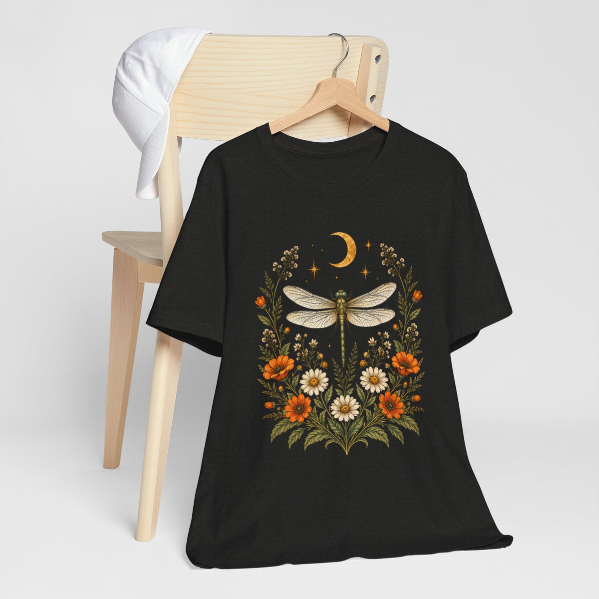 T-Shirt, Short Sleeve Boxy Crew Neck - Boho Dragonfly Moon