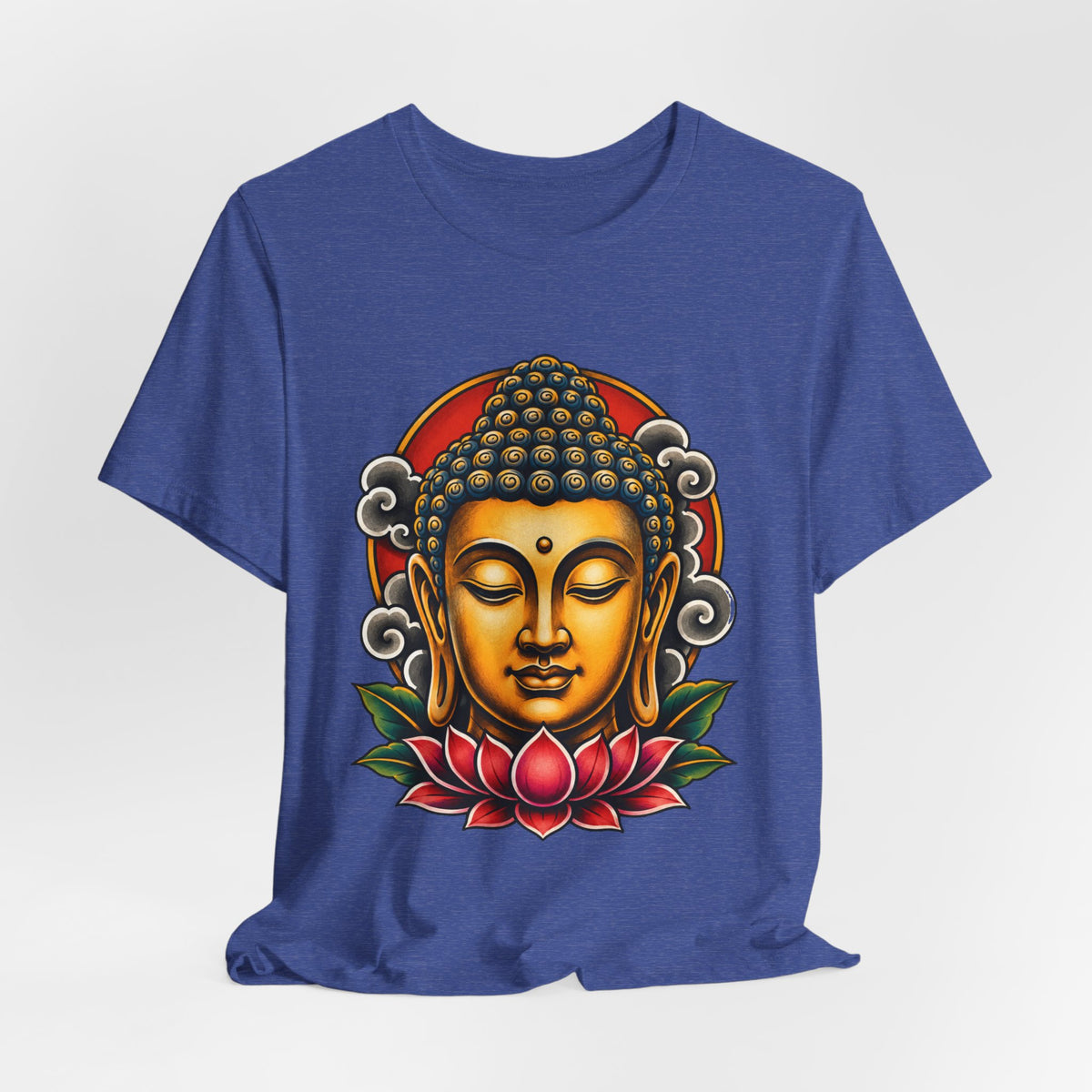 T‑Shirt, Short Sleeve Boxy Crew Neck - Golden Buddha Head with Lotus