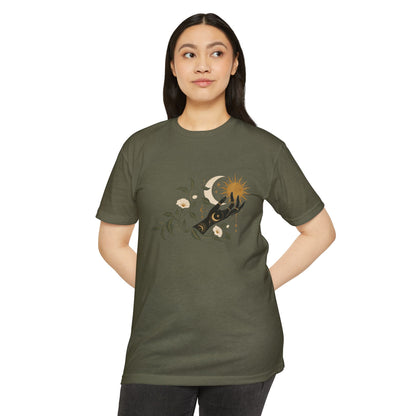 T-Shirt, Short Sleeve Boxy Crew Neck - Botanical Hand Reaching for the Sun