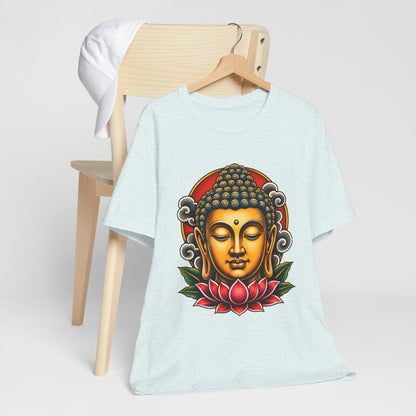 T‑Shirt, Short Sleeve Boxy Crew Neck - Golden Buddha Head with Lotus