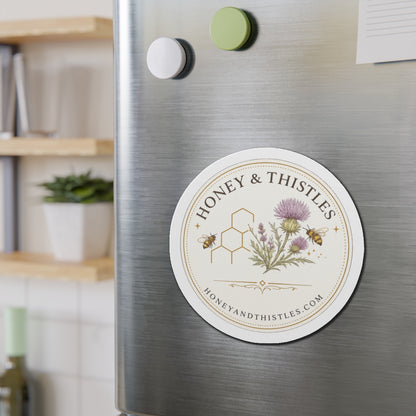 Honey & Thistles Round Die-Cut Magnet – Floral Bee Logo Refrigerator Magnet