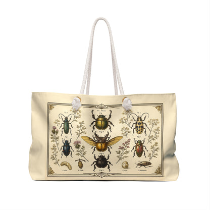 Vintage Entomology Weekender Bag — Botanical Beetle Print Travel Tote